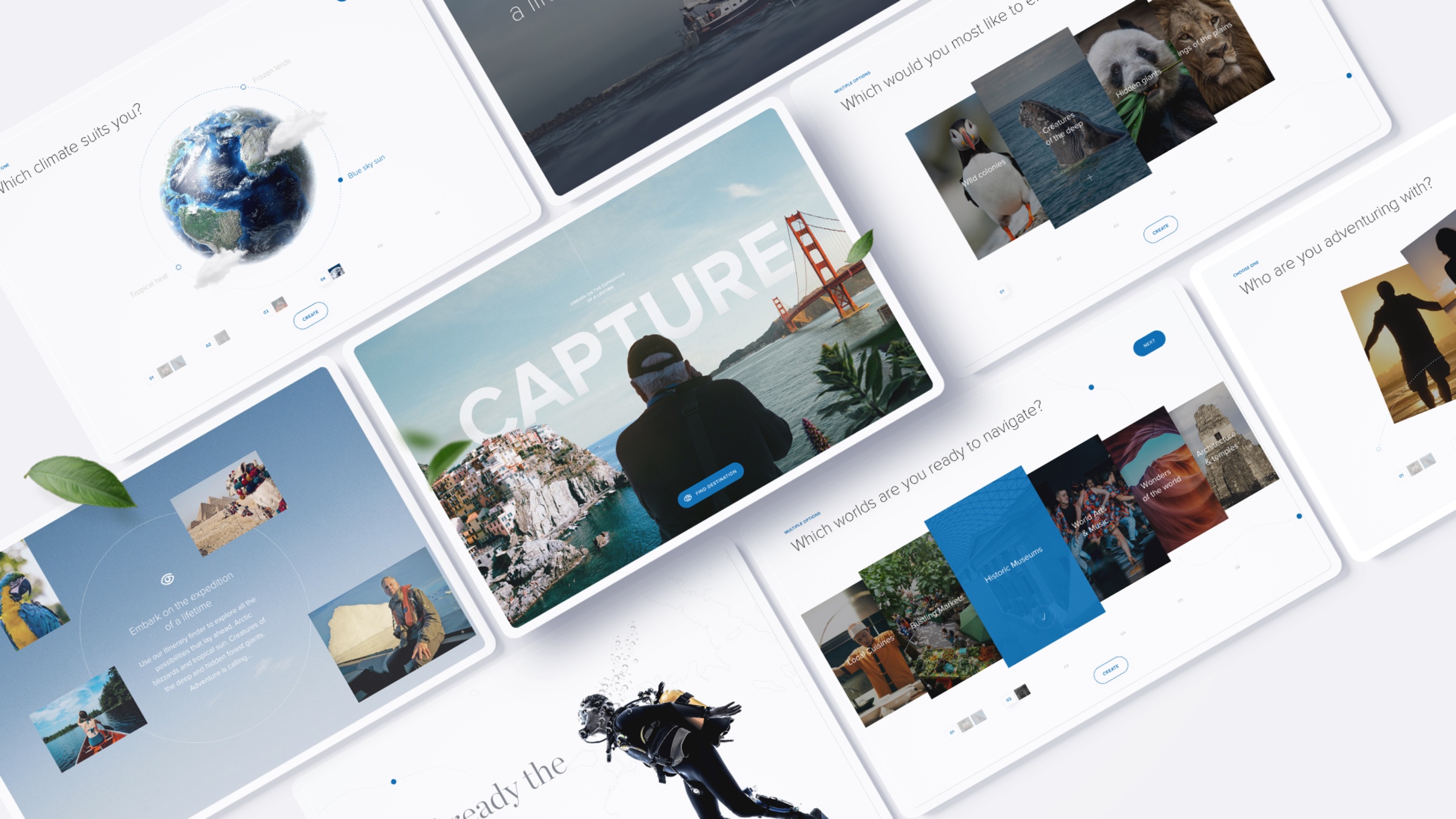 Lindblad Capture concept — guided itinerary discovery tool with climate, wildlife, regions, and travel companion selectors compressing 24 destinations into a personal shortlist